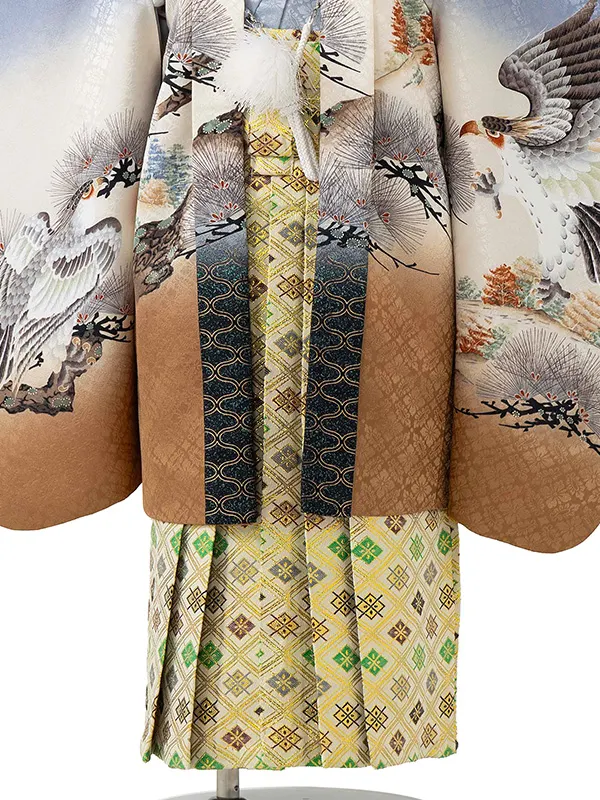 かんたん七五三レンタル(4歳5歳男児袴) グレー鷹松×金菱袴 Y084