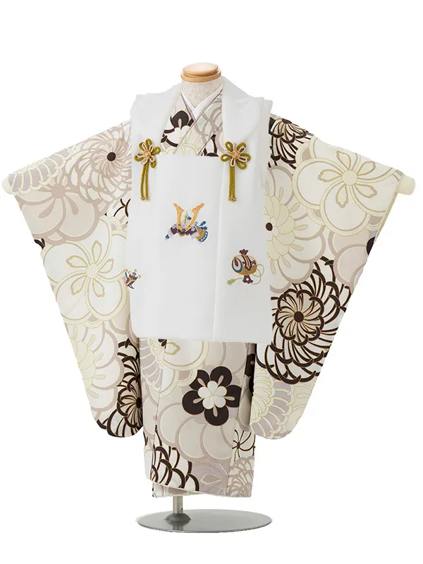 七五三レンタル(3歳男児被布)／白 兜×ベージュ 菊梅 Y087