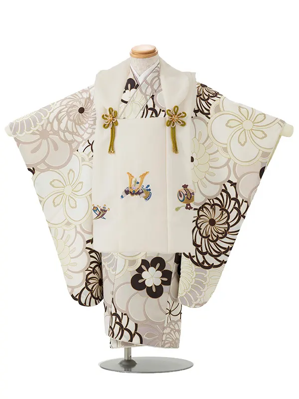 七五三レンタル(3歳男児被布)／ベージュ 兜×ベージュ 菊梅 Y087