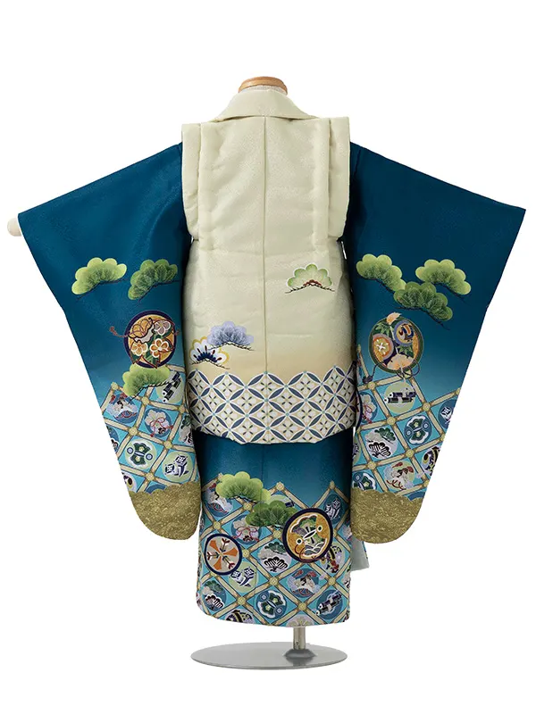 七五三レンタル(3歳男児被布)青緑宝尽くし×ベージュ鷹に七宝 Y093