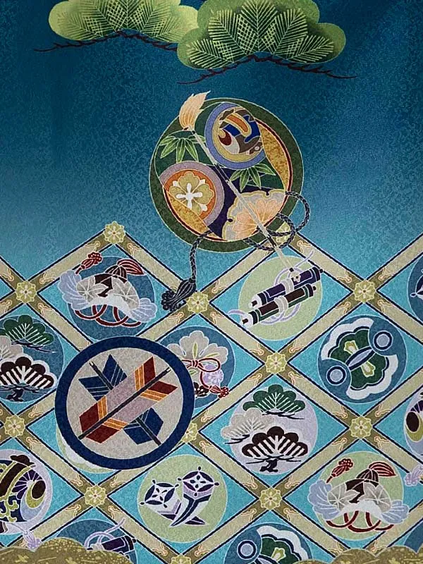 七五三レンタル(3歳男児被布)青緑宝尽くし×ベージュ鷹に七宝 Y093