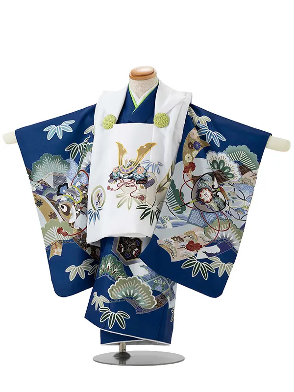 七五三レンタル(2歳,3歳,男児被布)紺熨斗軍配×白兜 Y097