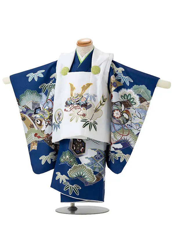 七五三レンタル(2歳,3歳,男児被布)紺熨斗軍配×白兜 Y097