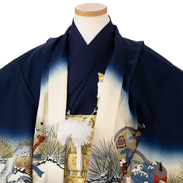 かんたん七五三レンタル(5歳6歳男児袴)紺鷹に巻物×金蜀江紋袴 Y099
