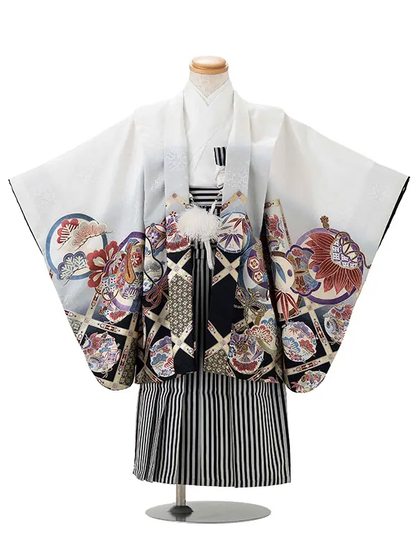 かんたん七五三レンタル(3歳4歳男児袴) 白鷹×黒縞袴 Y106