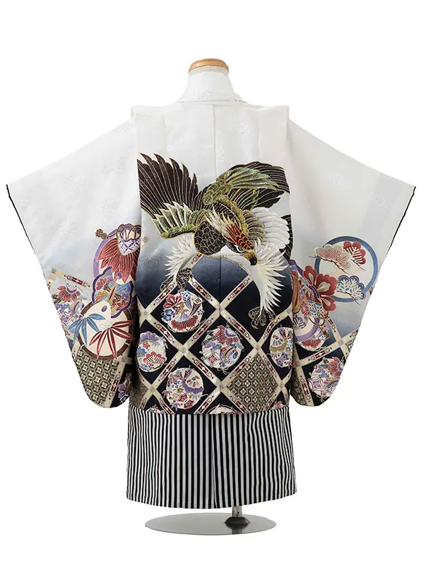 かんたん七五三レンタル(3歳4歳男児袴) 白鷹×黒縞袴 Y106