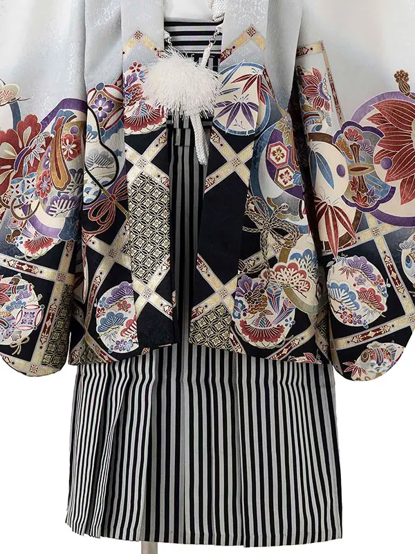 かんたん七五三レンタル(3歳4歳男児袴) 白鷹×黒縞袴 Y106