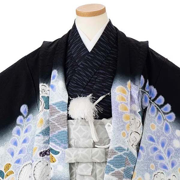 【正絹】七五三レンタル(5歳6歳男児袴)黒鷹に辻が花×銀色七宝袴 Y110