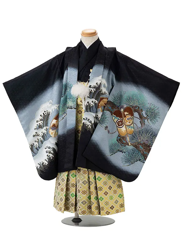 かんたん七五三レンタル(4歳5歳男児袴)黒兜×金業平菱袴 Y115