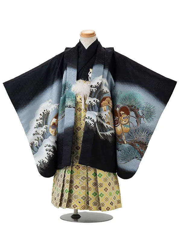 かんたん七五三レンタル(4歳5歳男児袴)黒兜×金業平菱袴 Y115