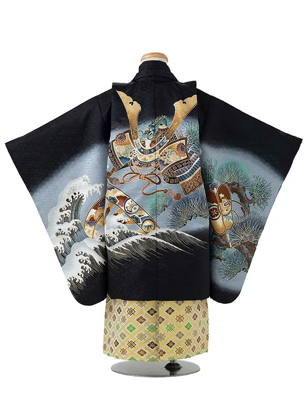 かんたん七五三レンタル(4歳5歳男児袴)黒兜×金業平菱袴 Y115