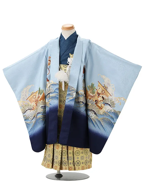 かんたん七五三レンタル(4歳5歳男児袴)水色鷹×金蜀江紋袴 Y116