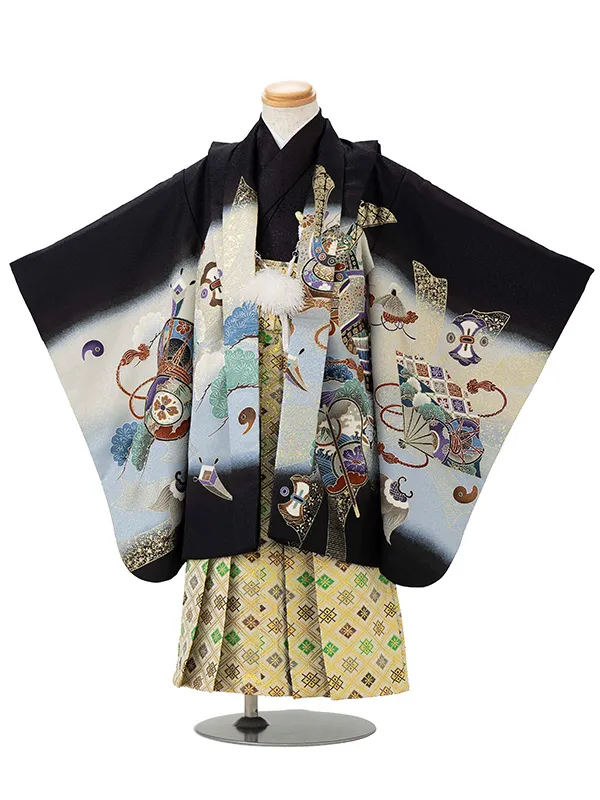 かんたん七五三レンタル(4歳5歳男児袴)黒鷹×金業平菱袴 Y117