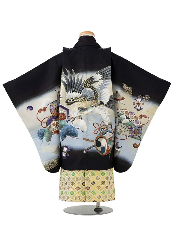 かんたん七五三レンタル(4歳5歳男児袴)黒鷹×金業平菱袴 Y117