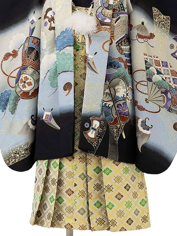 かんたん七五三レンタル(4歳5歳男児袴)黒鷹×金業平菱袴 Y117