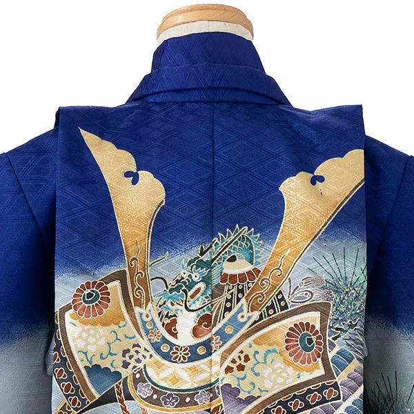 かんたん七五三レンタル(4歳5歳男児袴)紺兜×金業平菱袴 Y118