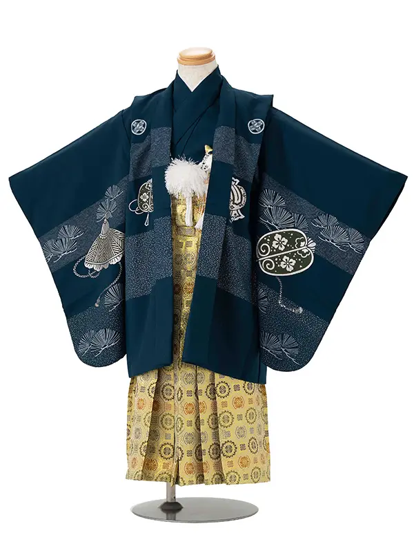 かんたん七五三レンタル(4歳5歳男児袴)紺兜×金蜀江紋袴 Y125