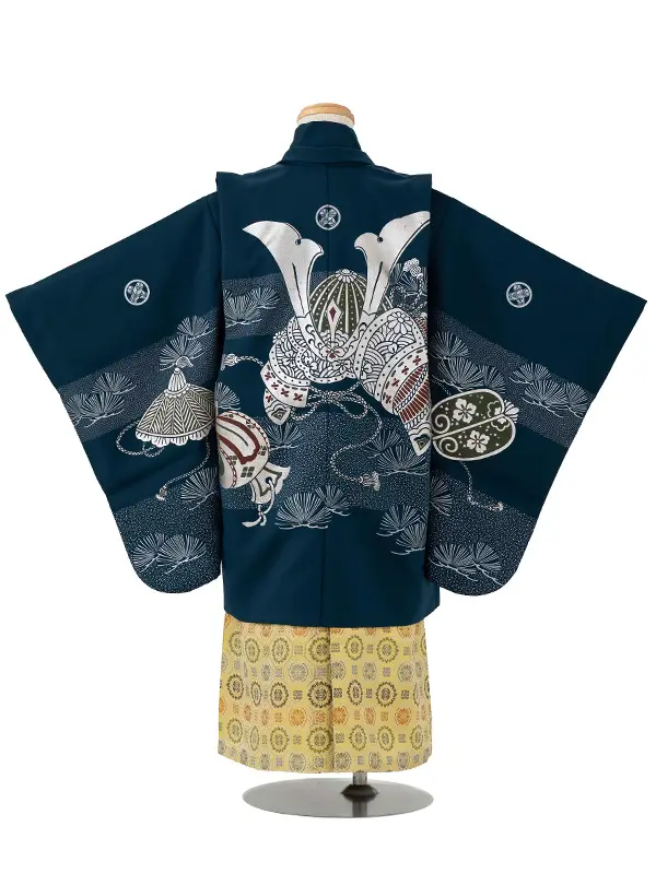 かんたん七五三レンタル(4歳5歳男児袴)紺兜×金蜀江紋袴 Y125