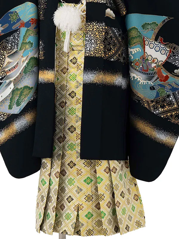 かんたん七五三レンタル(4歳5歳男児袴)黒鷹×金業平菱袴 Y126