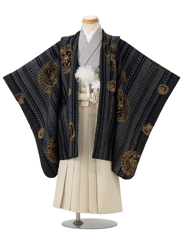七五三レンタル(4歳5歳男児袴)花夢二 黒龍×ベージュ袴 Y131