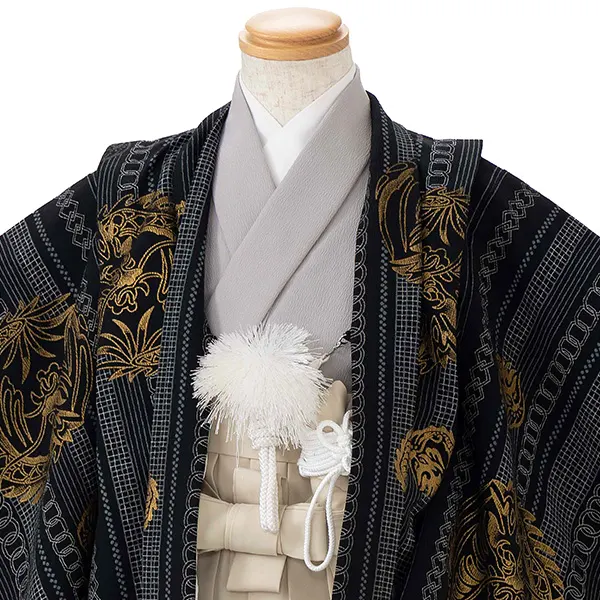 七五三レンタル(4歳5歳男児袴)花夢二 黒龍×ベージュ袴 Y131