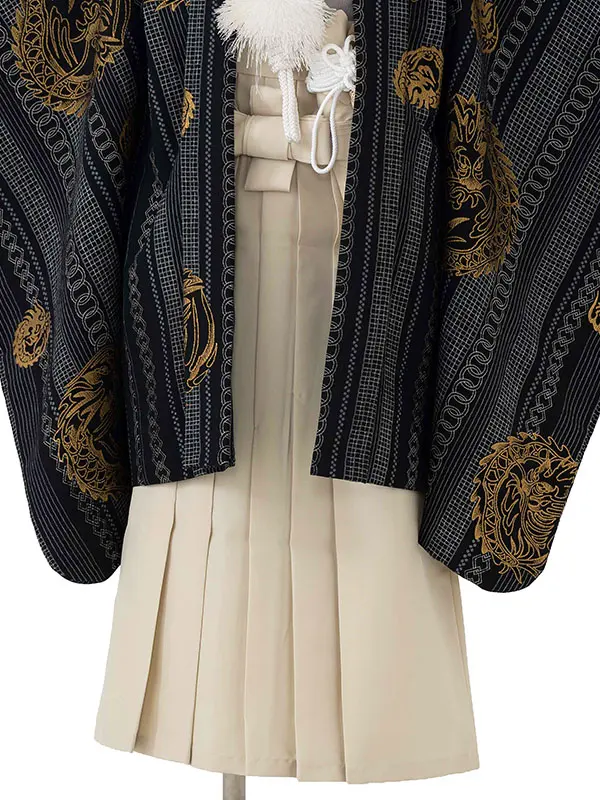 七五三レンタル(4歳5歳男児袴)花夢二 黒龍×ベージュ袴 Y131