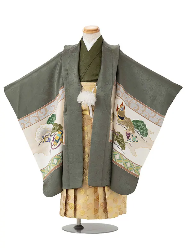 【正絹】七五三レンタル(4歳5歳男児袴) 緑宝尽くし×金袴 Y134