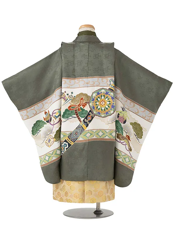 【正絹】七五三レンタル(4歳5歳男児袴) 緑宝尽くし×金袴 Y134