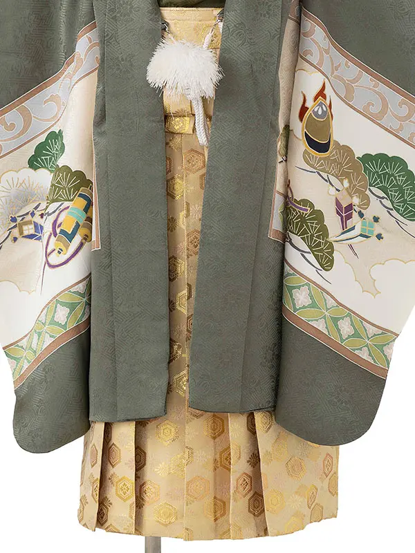 【正絹】七五三レンタル(4歳5歳男児袴) 緑宝尽くし×金袴 Y134