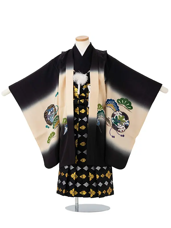 【正絹】七五三レンタル(5歳6歳男児袴)黒 兜×黒 花菱袴 Y135