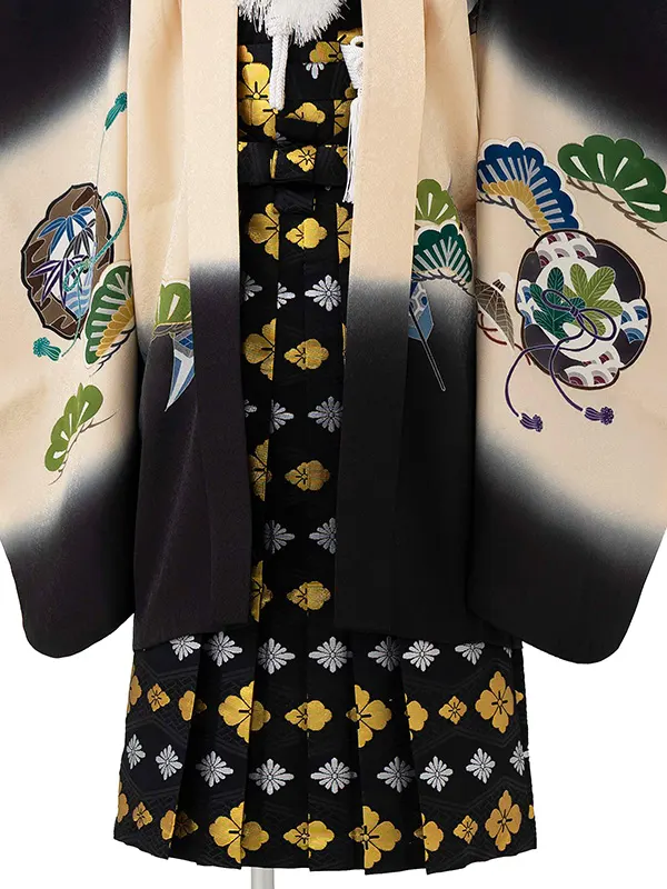 【正絹】七五三レンタル(5歳6歳男児袴)黒 兜×黒 花菱袴 Y135