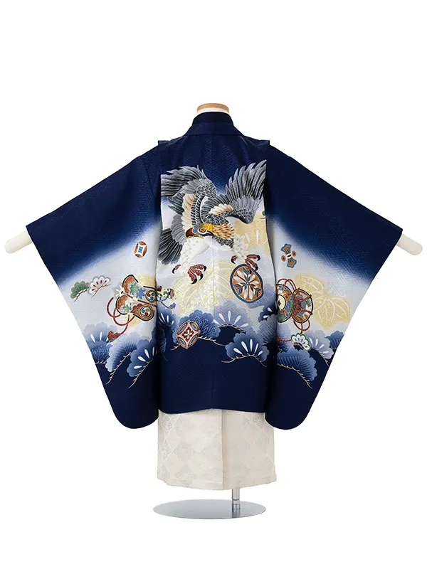 【正絹】七五三レンタル(5歳6歳男児袴) 紺鷹×ベージュ袴 Y144