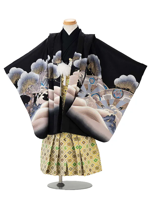 かんたん七五三レンタル(4歳5歳男児袴)黒兜×金業平菱袴 Y146