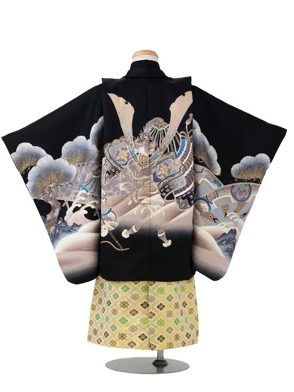 かんたん七五三レンタル(4歳5歳男児袴)黒兜×金業平菱袴 Y146