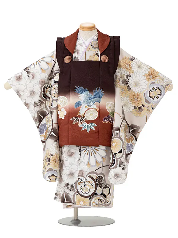 七五三レンタル(3歳男児被布)茶 鷹×ベージュ 桜菊橘 Y149