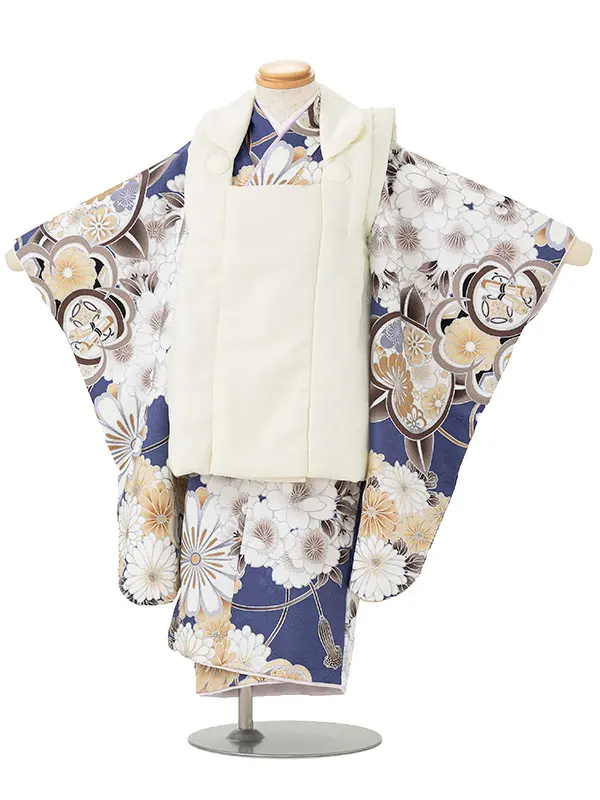 七五三レンタル(3歳男児被布)白×金業平菱袴 Y150