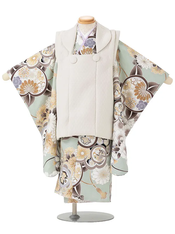 七五三レンタル(3歳男児被布) オフホワイト×薄緑 桜菊橘 Y151