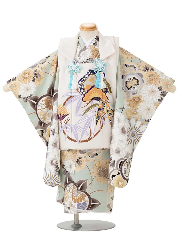 七五三レンタル(3歳男児被布)オフホワイト 亀甲松竹梅×薄緑 桜菊橘 Y152