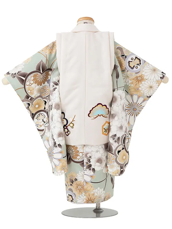七五三レンタル(3歳男児被布)オフホワイト 亀甲松竹梅×薄緑 桜菊橘 Y152