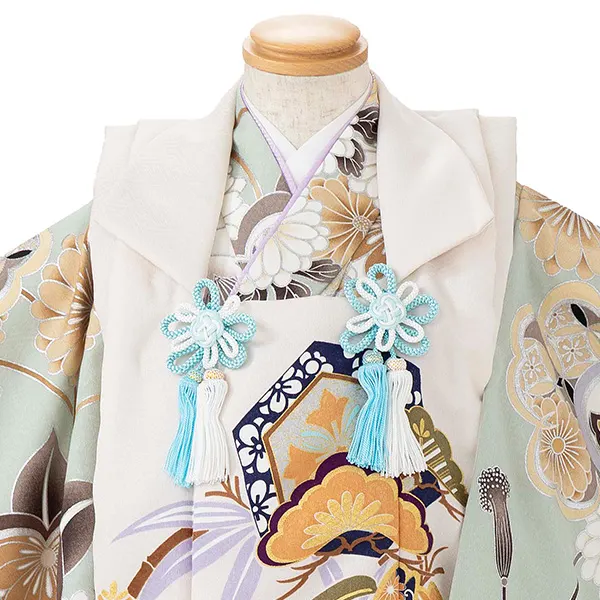 七五三レンタル(3歳男児被布)オフホワイト 亀甲松竹梅×薄緑 桜菊橘 Y152