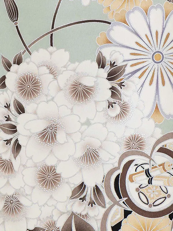 七五三レンタル(3歳男児被布)オフホワイト 亀甲松竹梅×薄緑 桜菊橘 Y152