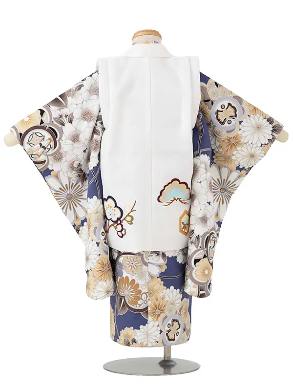 七五三レンタル(3歳男児被布)白 亀甲松竹梅×紺 桜菊橘 Y153