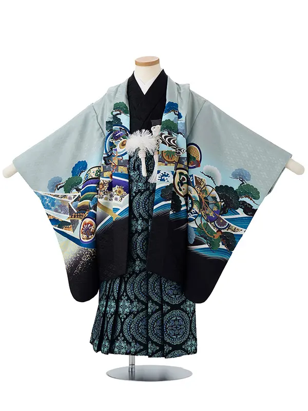 かんたん七五三レンタル(5歳6歳男児袴)水色兜×連珠文袴 Y155