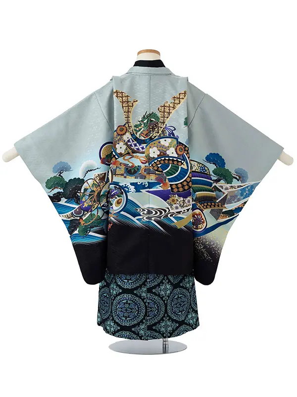 かんたん七五三レンタル(5歳6歳男児袴)水色兜×連珠文袴 Y155