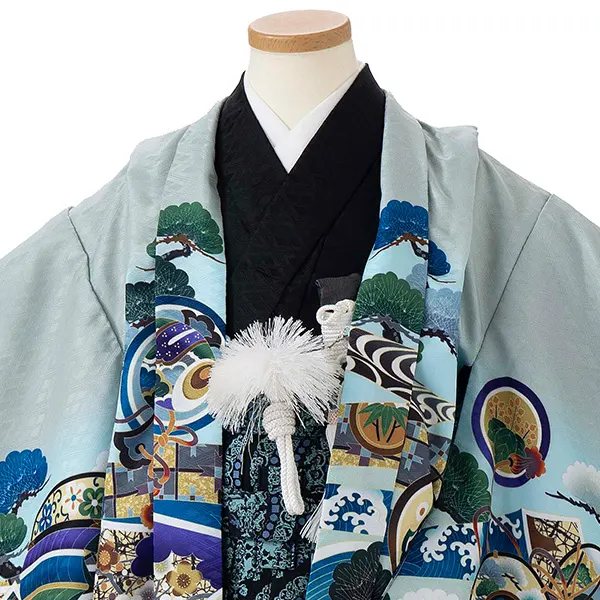 かんたん七五三レンタル(5歳6歳男児袴)水色兜×連珠文袴 Y155