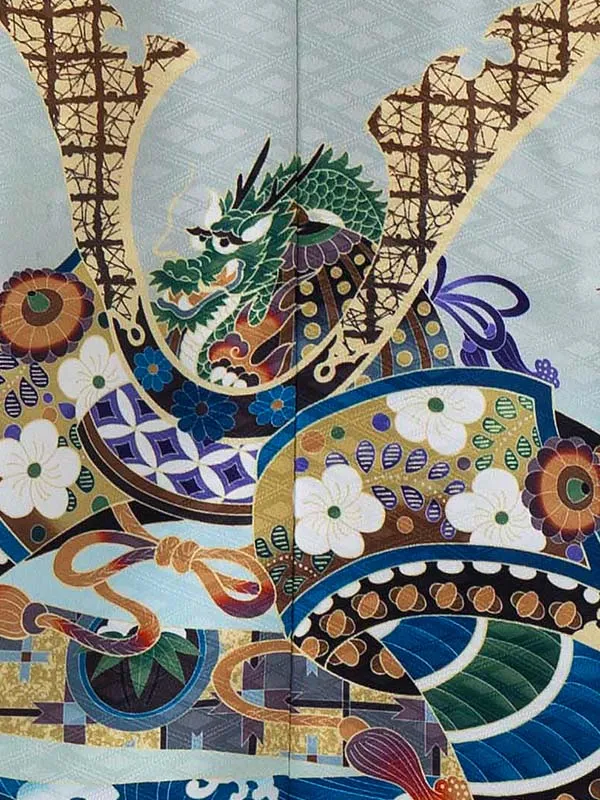 かんたん七五三レンタル(5歳6歳男児袴)水色兜×連珠文袴 Y155