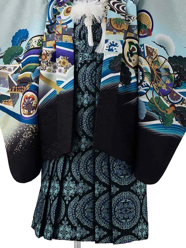 かんたん七五三レンタル(5歳6歳男児袴)水色兜×連珠文袴 Y155