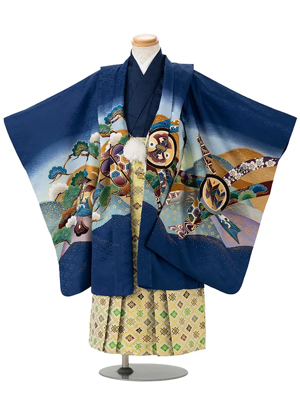 かんたん七五三レンタル(4歳5歳男児袴)紺兜×金業平菱袴 Y158