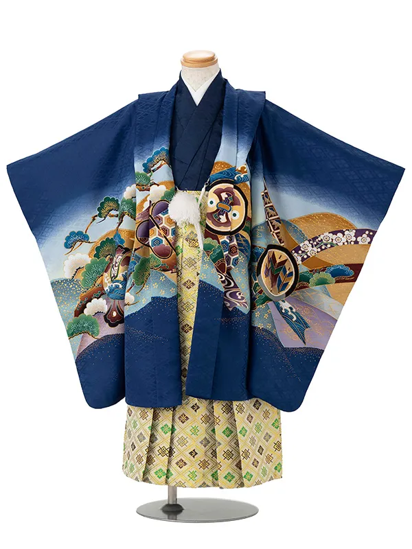 かんたん七五三レンタル(4歳5歳男児袴)紺兜×金業平菱袴 Y158