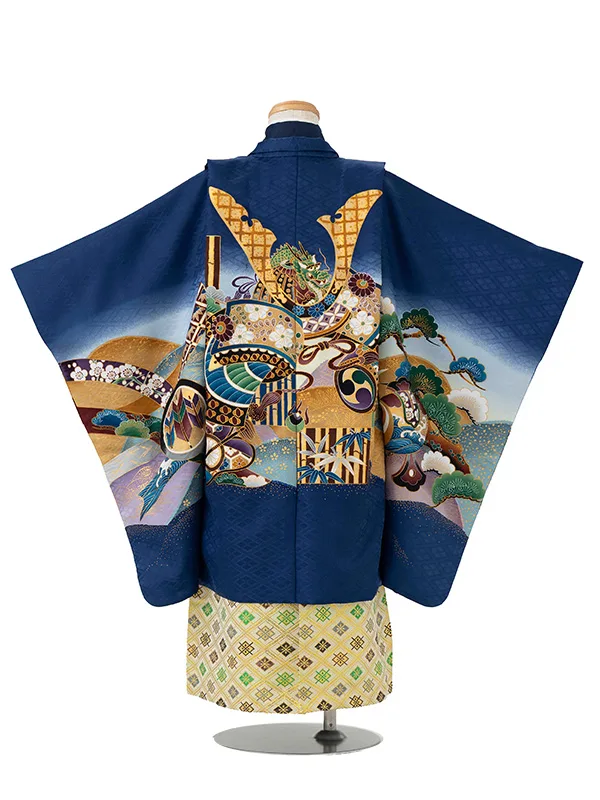 かんたん七五三レンタル(4歳5歳男児袴)紺兜×金業平菱袴 Y158